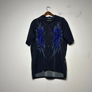 Dragonfly Men L Embroidered Y2K Western Tribal Pattern Blue Button Up Shirt Rock
